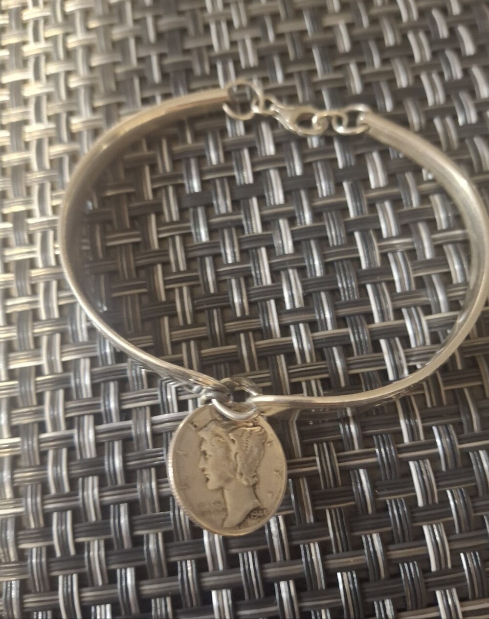 Silver 1944 Dime Coin Charm Spoon Bangle Bracelet - Silver